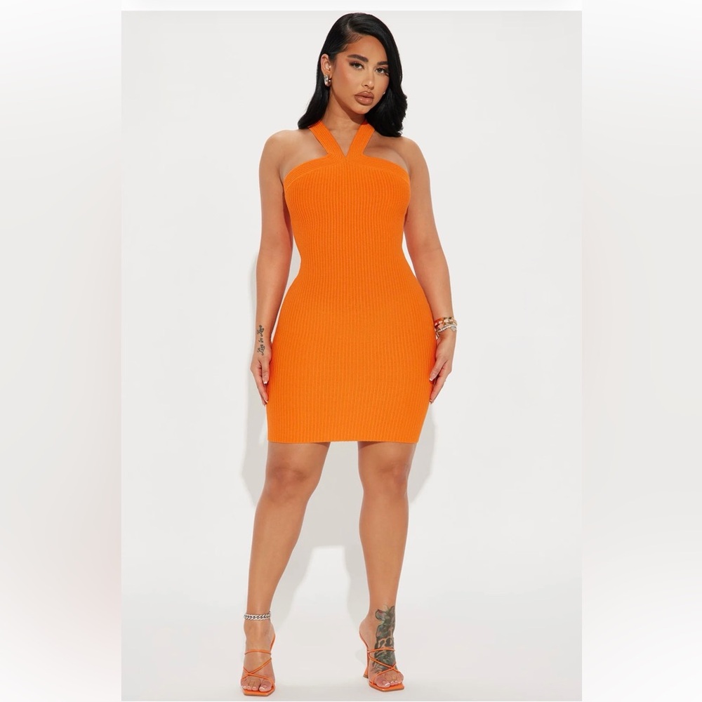 Halter Ribbed Bodycon Dress in Bright Orange